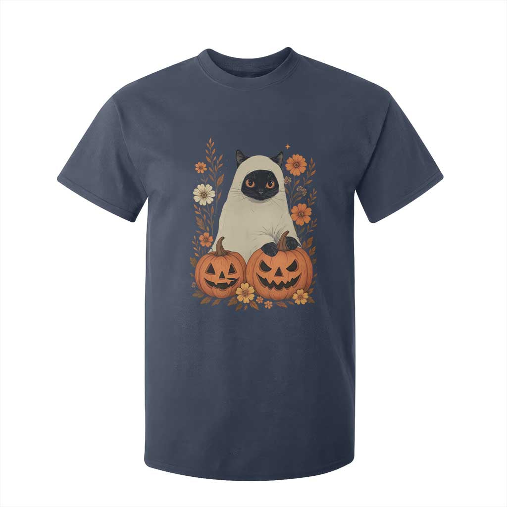 Vintage Halloween Ghost Cat T Shirt For Kid Groovy Floral Cute Black Cat Ghost Fall Pumpkin TS10 Navy Print Your Wear