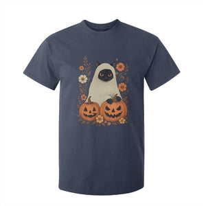 Vintage Halloween Ghost Cat T Shirt For Kid Groovy Floral Cute Black Cat Ghost Fall Pumpkin TS10 Navy Print Your Wear