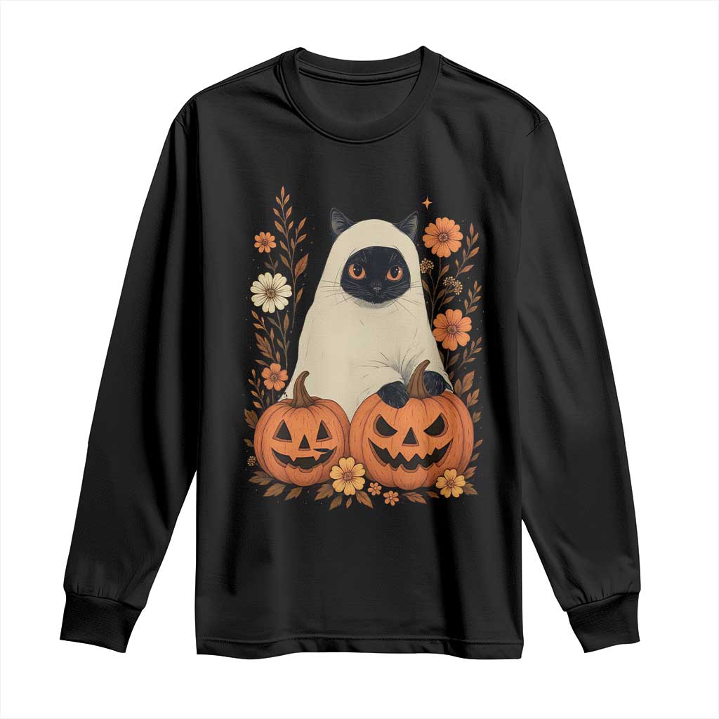 Vintage Halloween Ghost Cat Long Sleeve Shirt Groovy Floral Cute Black Cat Ghost Fall Pumpkin TS10 Black Print Your Wear