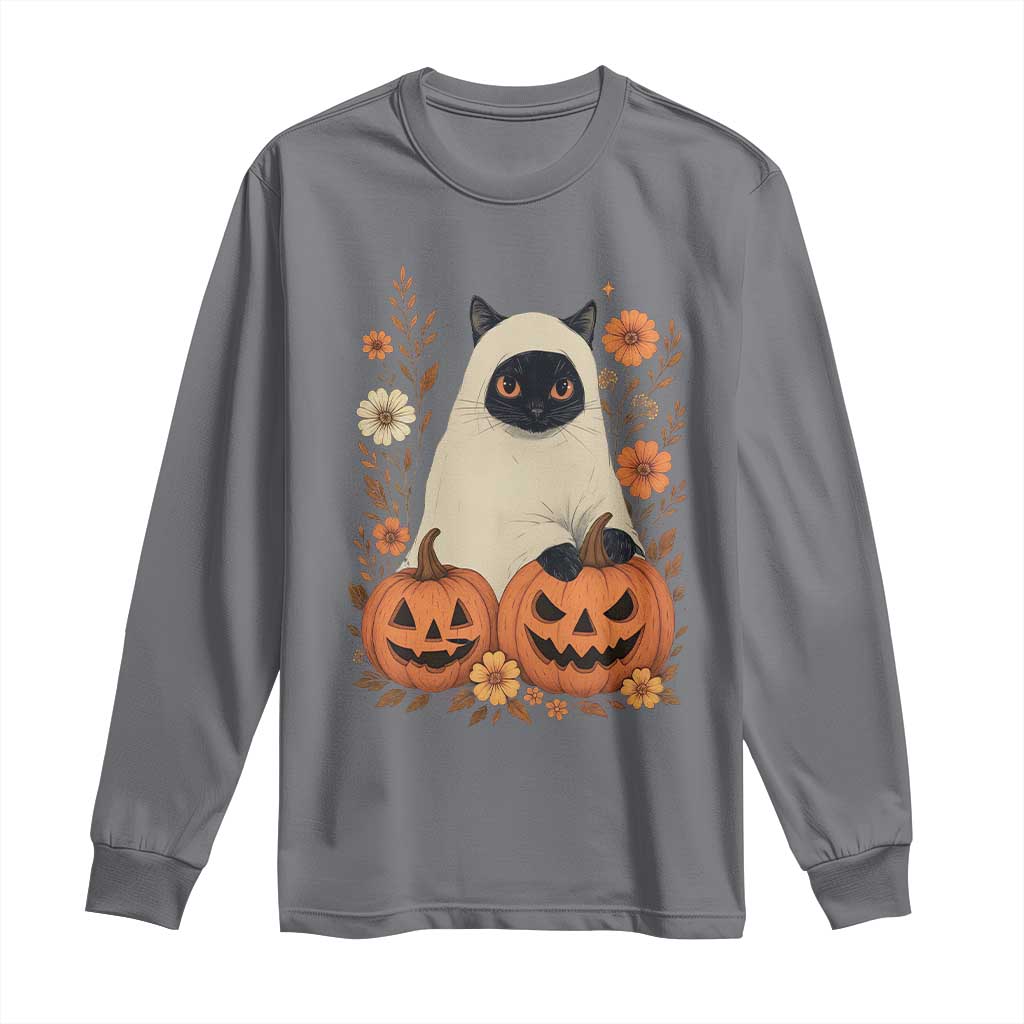 Vintage Halloween Ghost Cat Long Sleeve Shirt Groovy Floral Cute Black Cat Ghost Fall Pumpkin TS10 Charcoal Print Your Wear