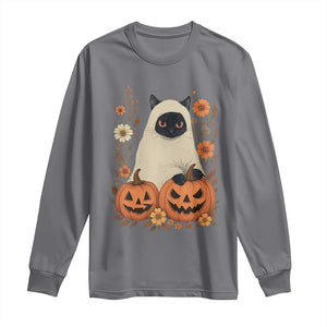 Vintage Halloween Ghost Cat Long Sleeve Shirt Groovy Floral Cute Black Cat Ghost Fall Pumpkin TS10 Charcoal Print Your Wear