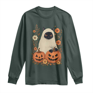 Vintage Halloween Ghost Cat Long Sleeve Shirt Groovy Floral Cute Black Cat Ghost Fall Pumpkin TS10 Dark Forest Green Print Your Wear