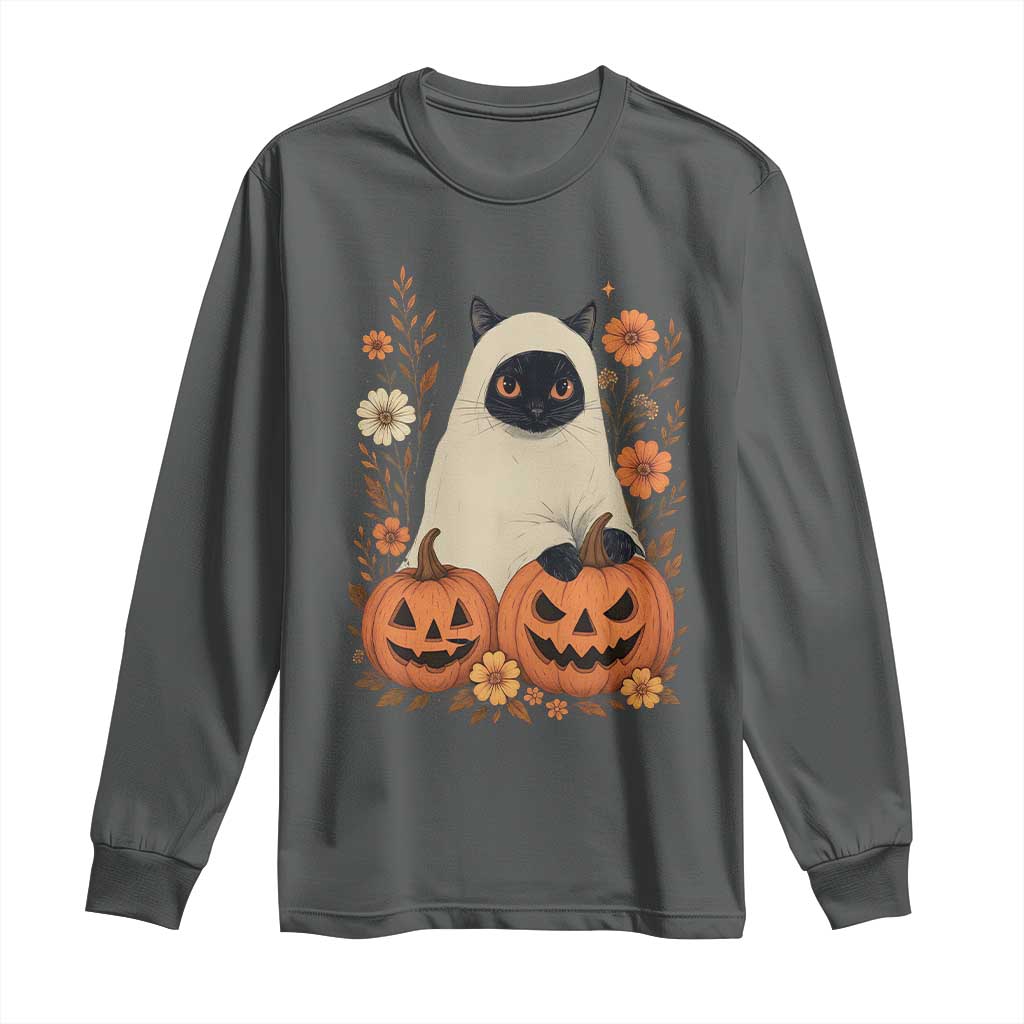 Vintage Halloween Ghost Cat Long Sleeve Shirt Groovy Floral Cute Black Cat Ghost Fall Pumpkin TS10 Dark Heather Print Your Wear