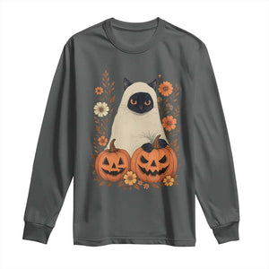 Vintage Halloween Ghost Cat Long Sleeve Shirt Groovy Floral Cute Black Cat Ghost Fall Pumpkin TS10 Dark Heather Print Your Wear