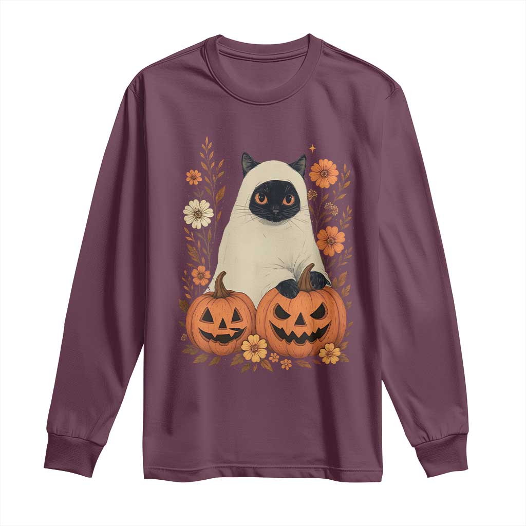 Vintage Halloween Ghost Cat Long Sleeve Shirt Groovy Floral Cute Black Cat Ghost Fall Pumpkin TS10 Maroon Print Your Wear