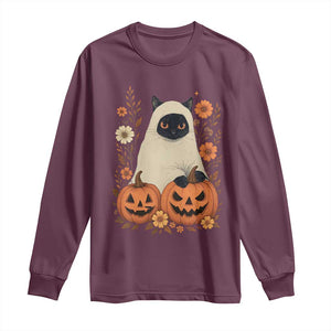 Vintage Halloween Ghost Cat Long Sleeve Shirt Groovy Floral Cute Black Cat Ghost Fall Pumpkin TS10 Maroon Print Your Wear