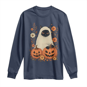 Vintage Halloween Ghost Cat Long Sleeve Shirt Groovy Floral Cute Black Cat Ghost Fall Pumpkin TS10 Navy Print Your Wear