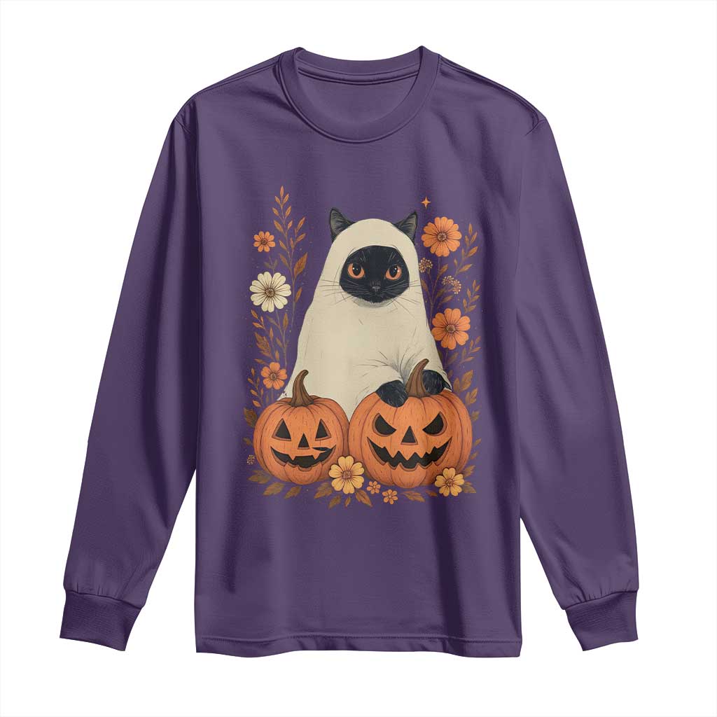 Vintage Halloween Ghost Cat Long Sleeve Shirt Groovy Floral Cute Black Cat Ghost Fall Pumpkin TS10 Purple Print Your Wear