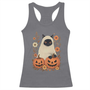 Vintage Halloween Ghost Cat Racerback Tank Top Groovy Floral Cute Black Cat Ghost Fall Pumpkin TS10 Charcoal Print Your Wear