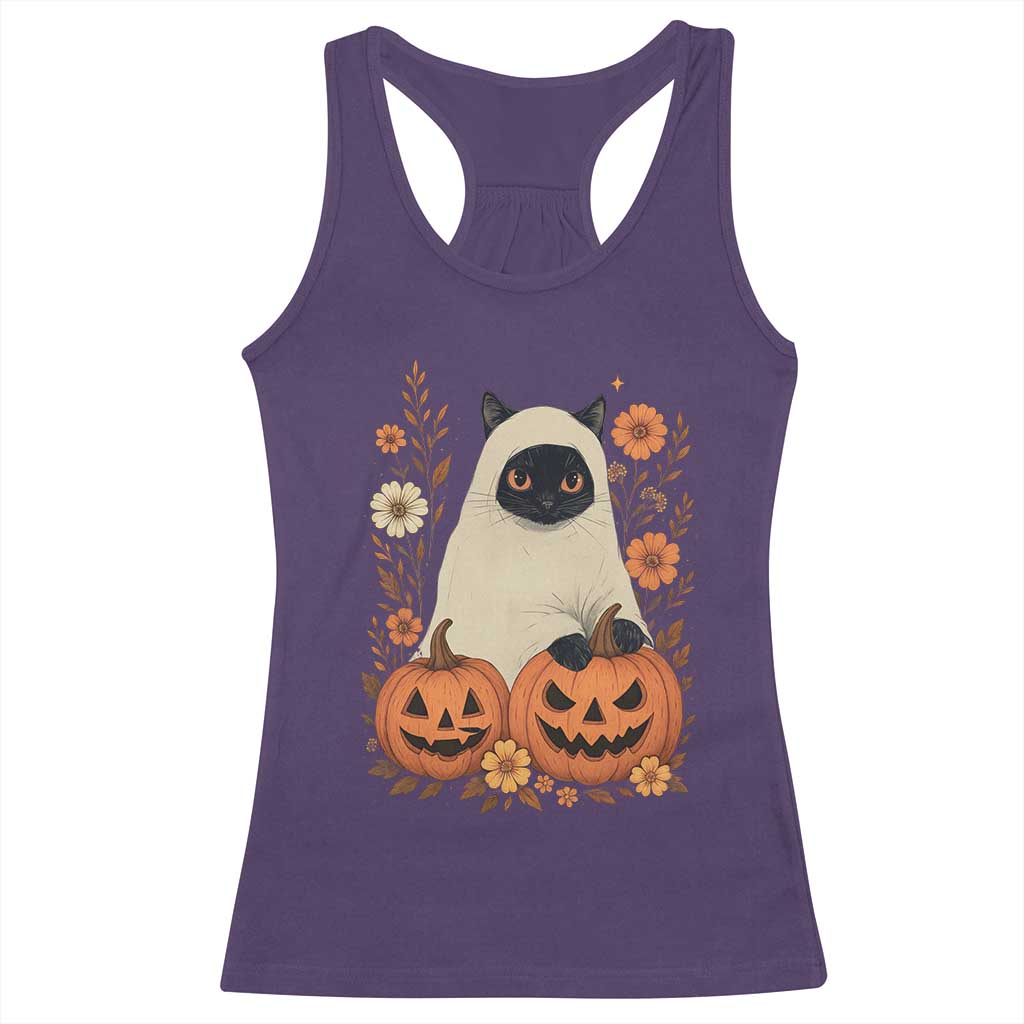 Vintage Halloween Ghost Cat Racerback Tank Top Groovy Floral Cute Black Cat Ghost Fall Pumpkin TS10 Purple Print Your Wear