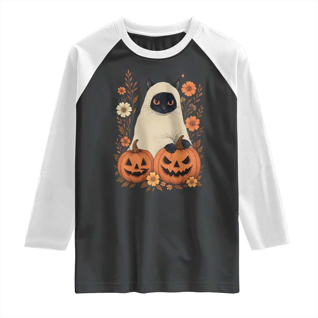 Vintage Halloween Ghost Cat Raglan Shirt Groovy Floral Cute Black Cat Ghost Fall Pumpkin TS10 Black White Print Your Wear