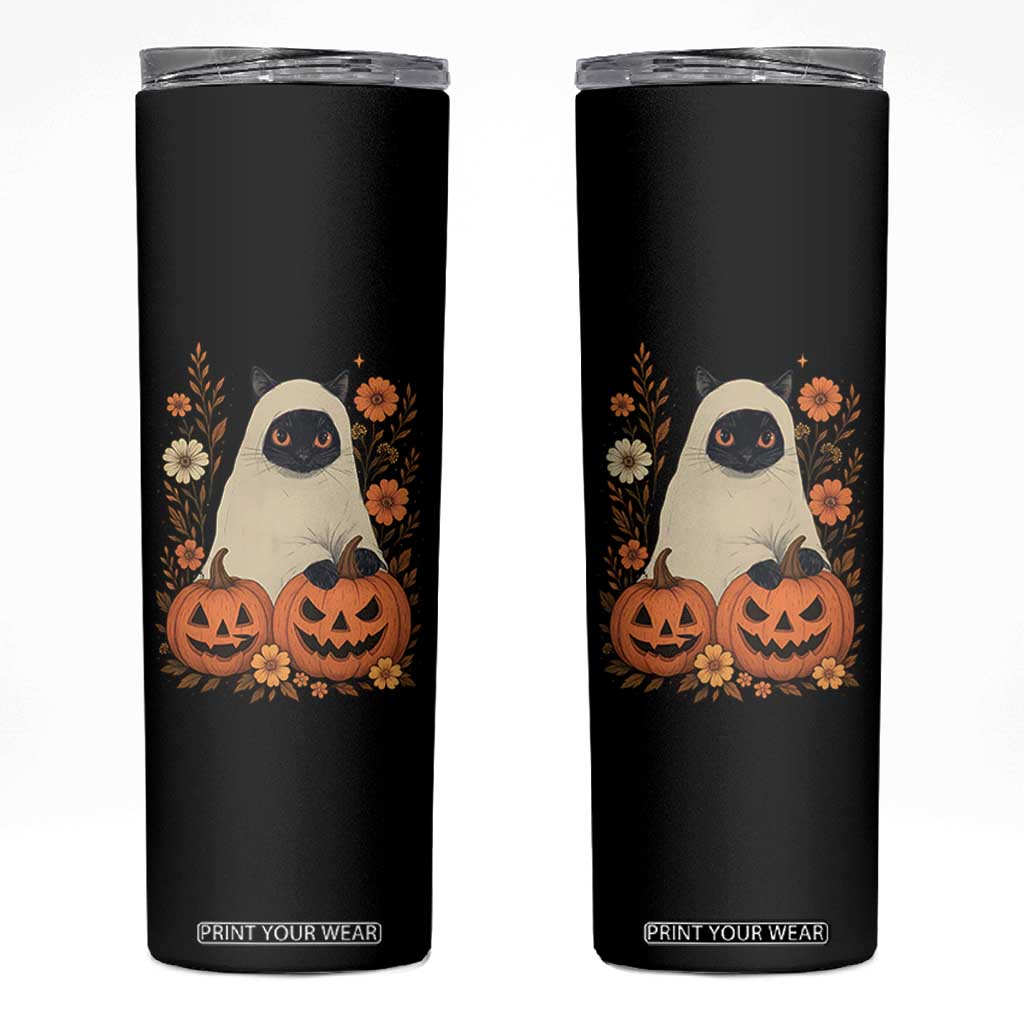 Vintage Halloween Ghost Cat Skinny Tumbler Groovy Floral Cute Black Cat Ghost Fall Pumpkin TS10 Black Print Your Wear