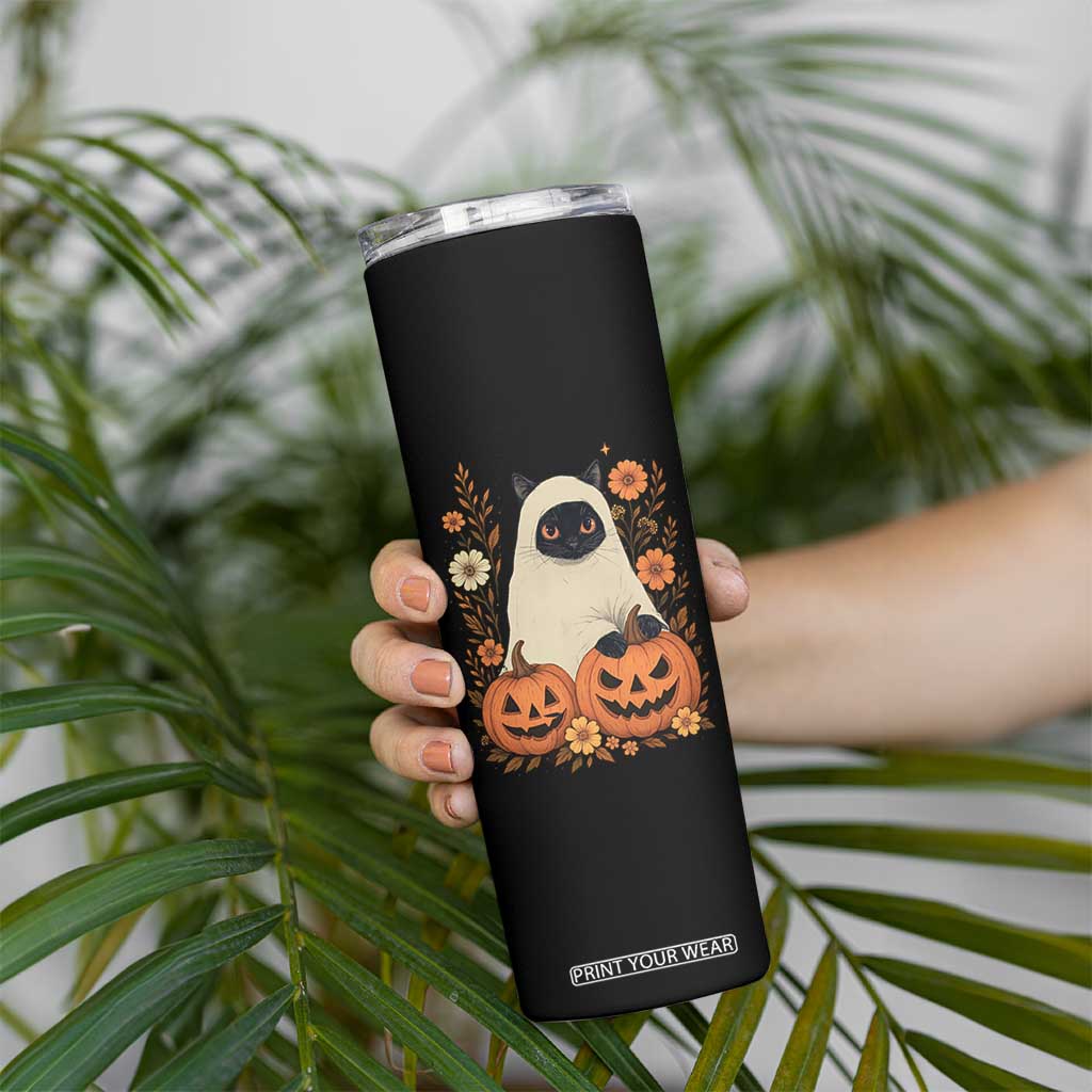 Vintage Halloween Ghost Cat Skinny Tumbler Groovy Floral Cute Black Cat Ghost Fall Pumpkin TS10 Print Your Wear