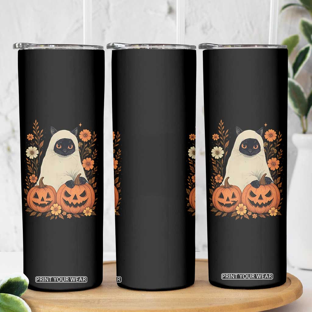 Vintage Halloween Ghost Cat Skinny Tumbler Groovy Floral Cute Black Cat Ghost Fall Pumpkin TS10 Print Your Wear