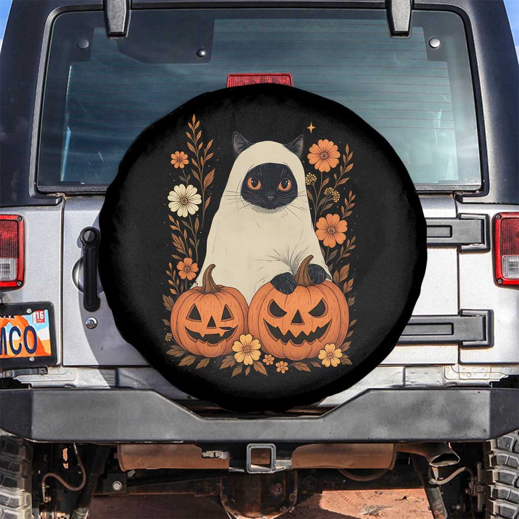 Vintage Halloween Ghost Cat Spare Tire Cover Groovy Floral Cute Black Cat Ghost Fall Pumpkin TS10 No hole Black Print Your Wear