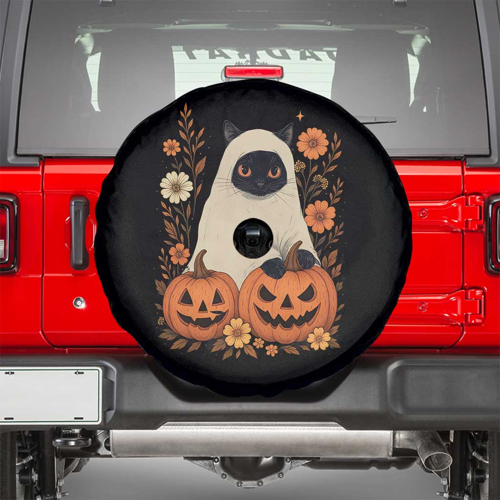Vintage Halloween Ghost Cat Spare Tire Cover Groovy Floral Cute Black Cat Ghost Fall Pumpkin TS10 Black Print Your Wear