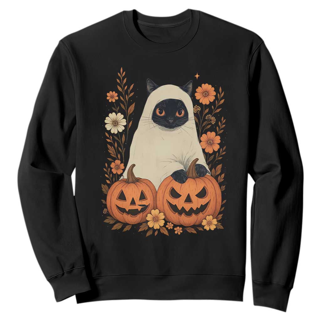 Vintage Halloween Ghost Cat Sweatshirt Groovy Floral Cute Black Cat Ghost Fall Pumpkin TS10 Black Print Your Wear