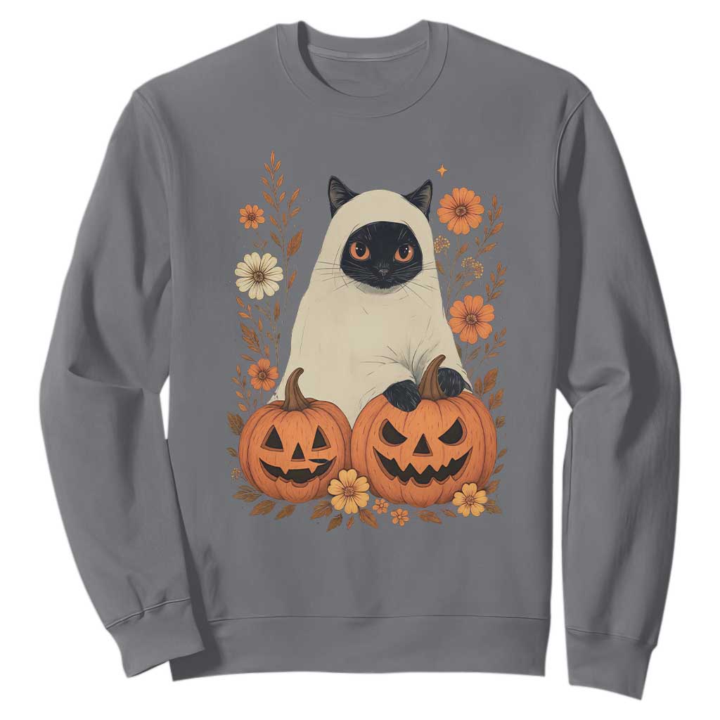 Vintage Halloween Ghost Cat Sweatshirt Groovy Floral Cute Black Cat Ghost Fall Pumpkin TS10 Charcoal Print Your Wear