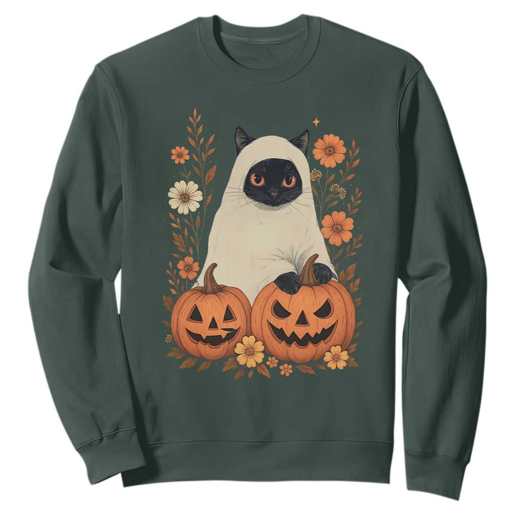 Vintage Halloween Ghost Cat Sweatshirt Groovy Floral Cute Black Cat Ghost Fall Pumpkin TS10 Dark Forest Green Print Your Wear