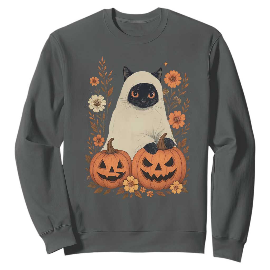 Vintage Halloween Ghost Cat Sweatshirt Groovy Floral Cute Black Cat Ghost Fall Pumpkin TS10 Dark Heather Print Your Wear