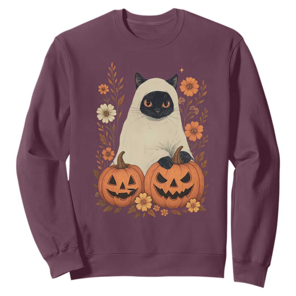 Vintage Halloween Ghost Cat Sweatshirt Groovy Floral Cute Black Cat Ghost Fall Pumpkin TS10 Maroon Print Your Wear