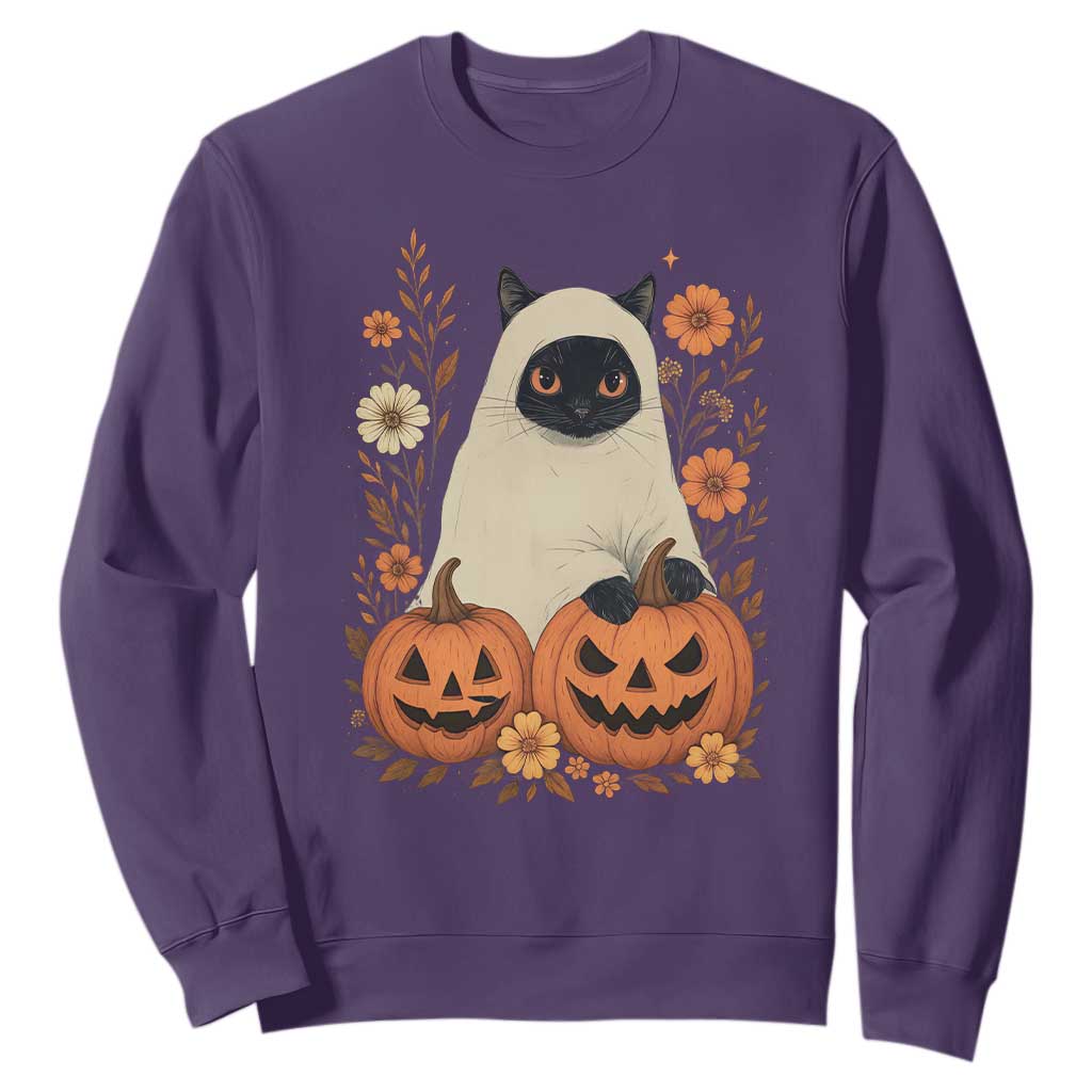 Vintage Halloween Ghost Cat Sweatshirt Groovy Floral Cute Black Cat Ghost Fall Pumpkin TS10 Purple Print Your Wear