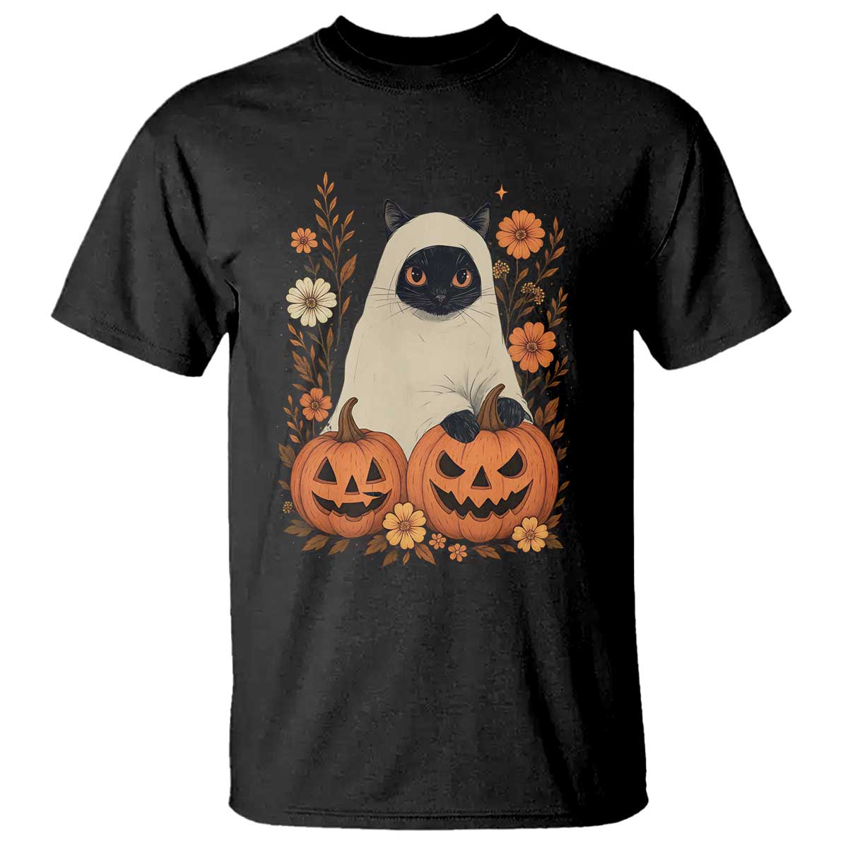Vintage Halloween Ghost Cat T Shirt Groovy Floral Cute Black Cat Ghost Fall Pumpkin TS10 Black Print Your Wear