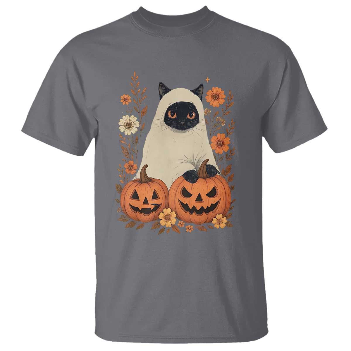 Vintage Halloween Ghost Cat T Shirt Groovy Floral Cute Black Cat Ghost Fall Pumpkin TS10 Charcoal Print Your Wear