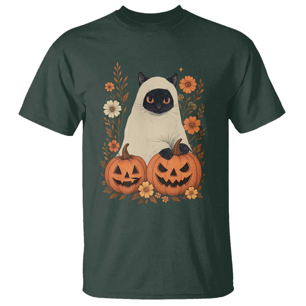 Vintage Halloween Ghost Cat T Shirt Groovy Floral Cute Black Cat Ghost Fall Pumpkin TS10 Dark Forest Green Print Your Wear