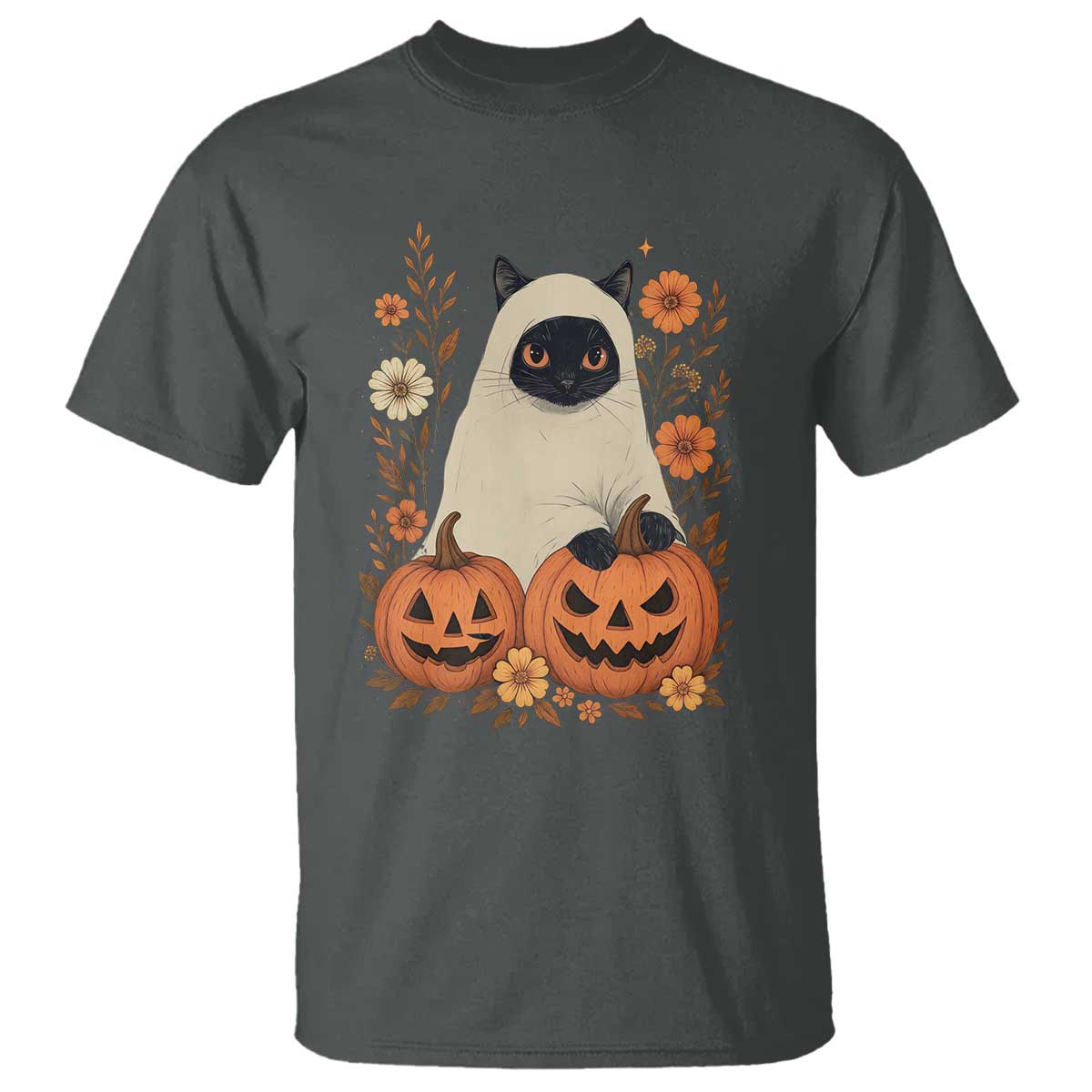 Vintage Halloween Ghost Cat T Shirt Groovy Floral Cute Black Cat Ghost Fall Pumpkin TS10 Dark Heather Print Your Wear