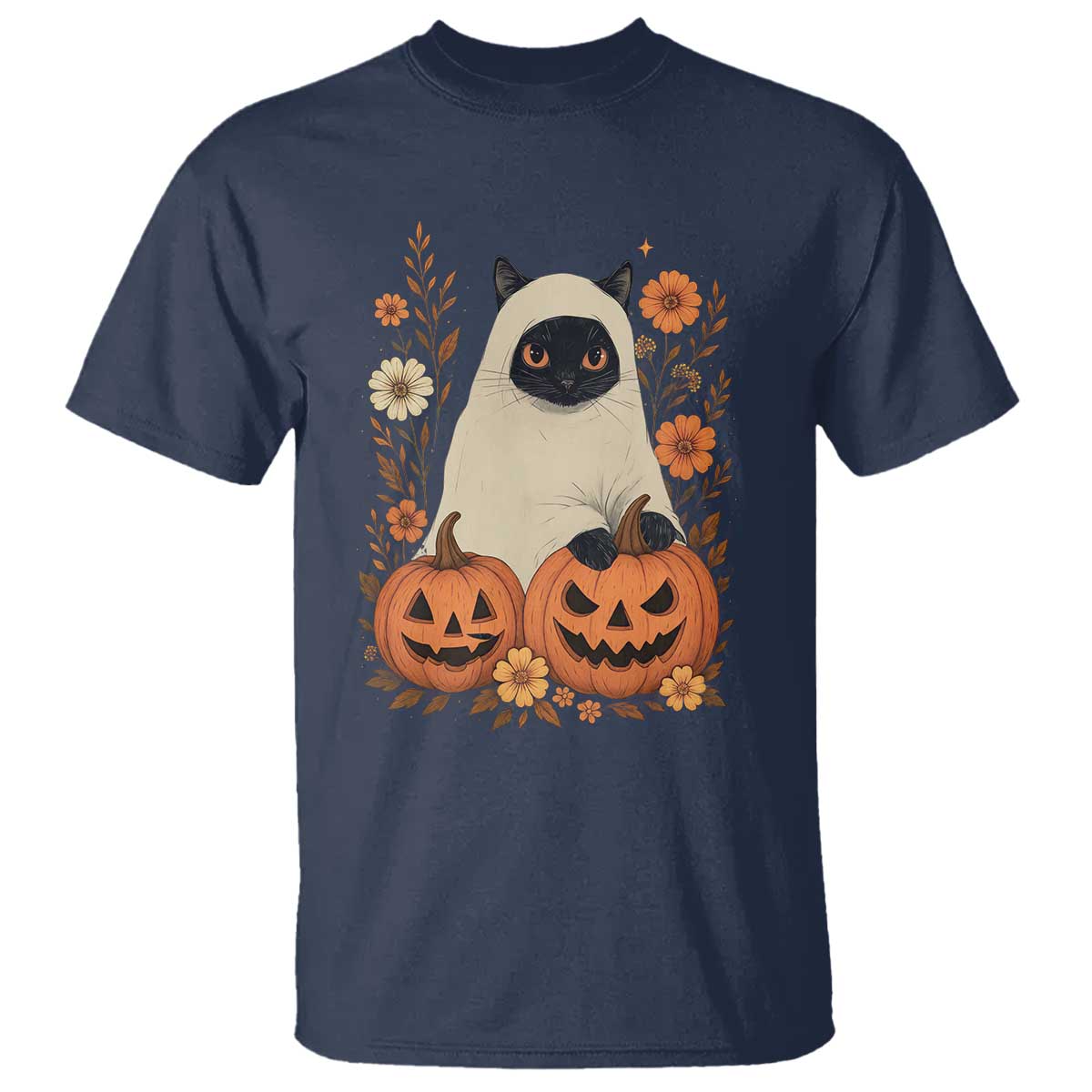 Vintage Halloween Ghost Cat T Shirt Groovy Floral Cute Black Cat Ghost Fall Pumpkin TS10 Navy Print Your Wear