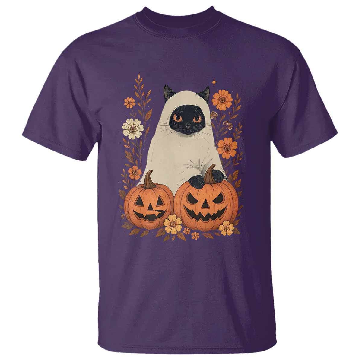 Vintage Halloween Ghost Cat T Shirt Groovy Floral Cute Black Cat Ghost Fall Pumpkin TS10 Purple Print Your Wear