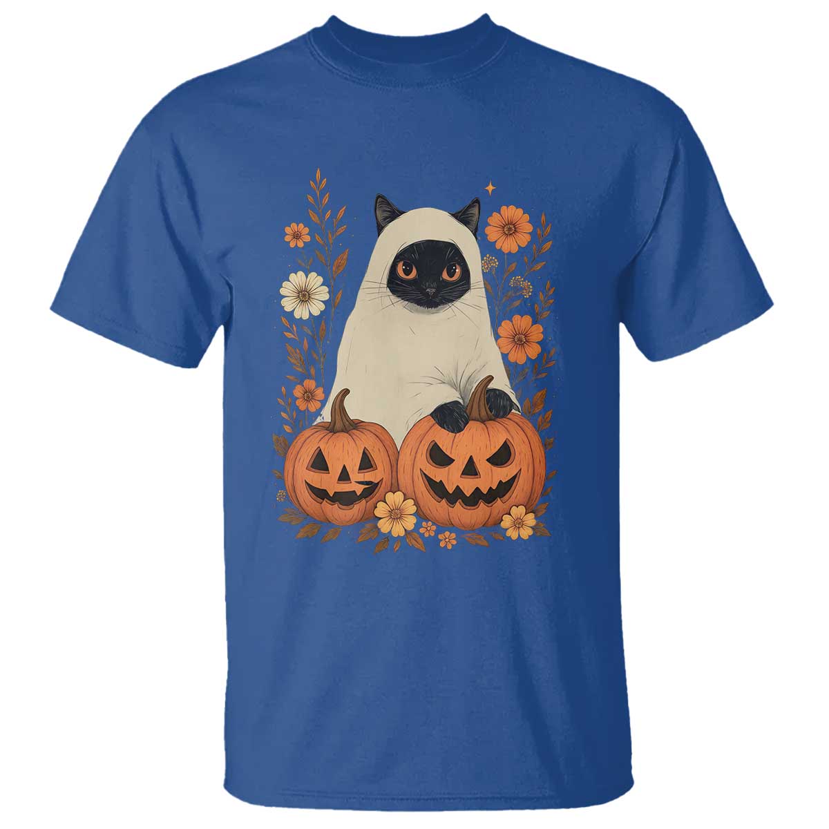 Vintage Halloween Ghost Cat T Shirt Groovy Floral Cute Black Cat Ghost Fall Pumpkin TS10 Royal Blue Print Your Wear