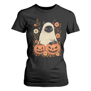 Vintage Halloween Ghost Cat T Shirt For Women Groovy Floral Cute Black Cat Ghost Fall Pumpkin TS10 Black Print Your Wear