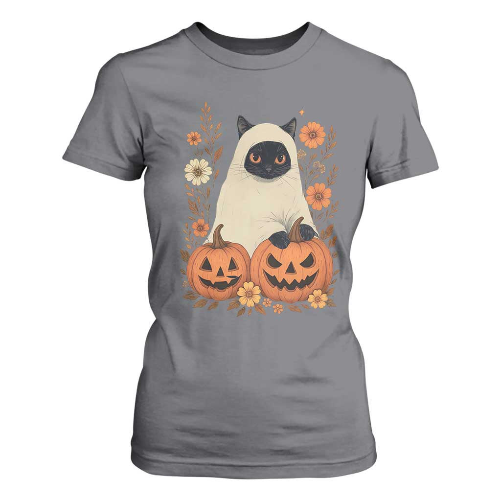 Vintage Halloween Ghost Cat T Shirt For Women Groovy Floral Cute Black Cat Ghost Fall Pumpkin TS10 Charcoal Print Your Wear