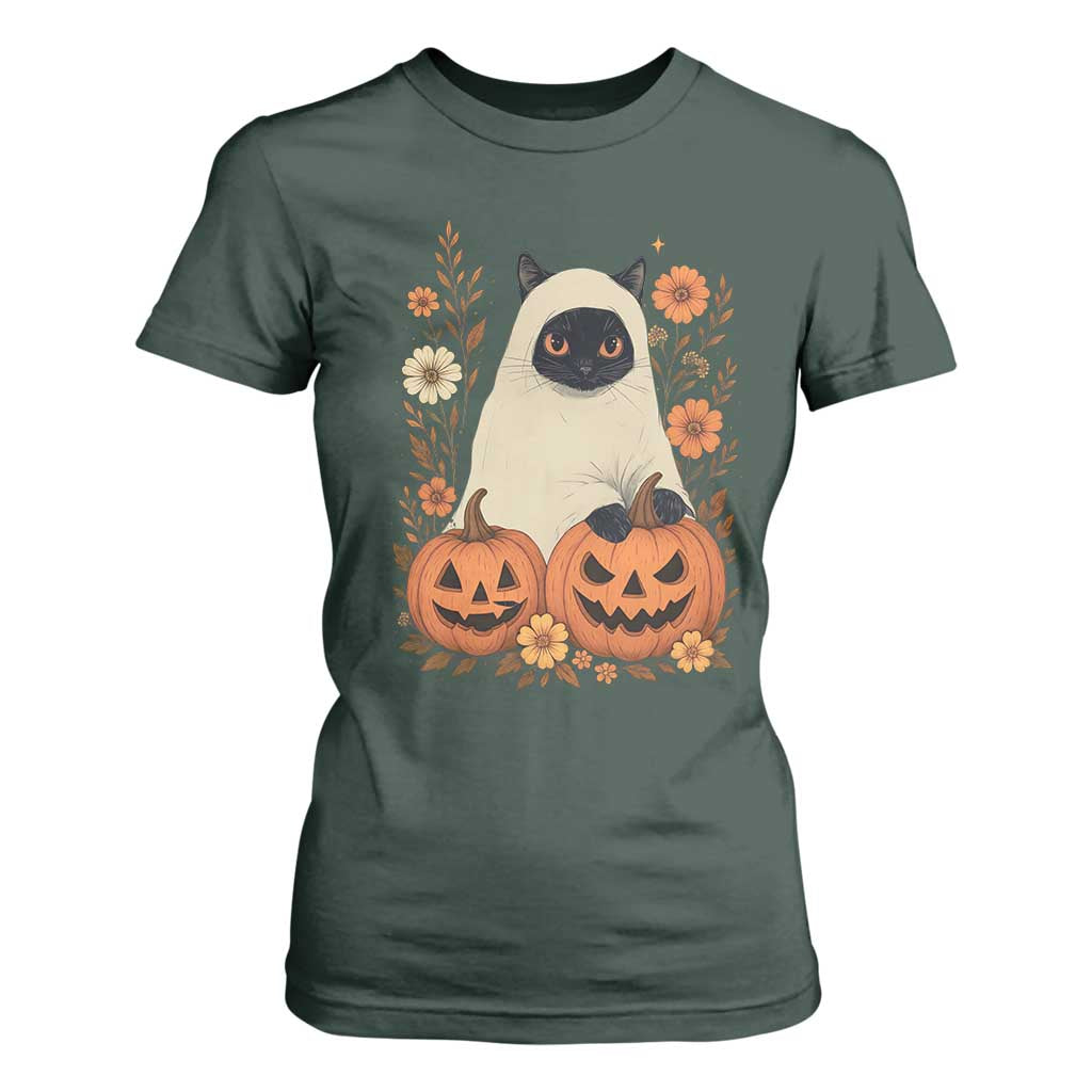 Vintage Halloween Ghost Cat T Shirt For Women Groovy Floral Cute Black Cat Ghost Fall Pumpkin TS10 Dark Forest Green Print Your Wear