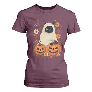 Vintage Halloween Ghost Cat T Shirt For Women Groovy Floral Cute Black Cat Ghost Fall Pumpkin TS10 Maroon Print Your Wear