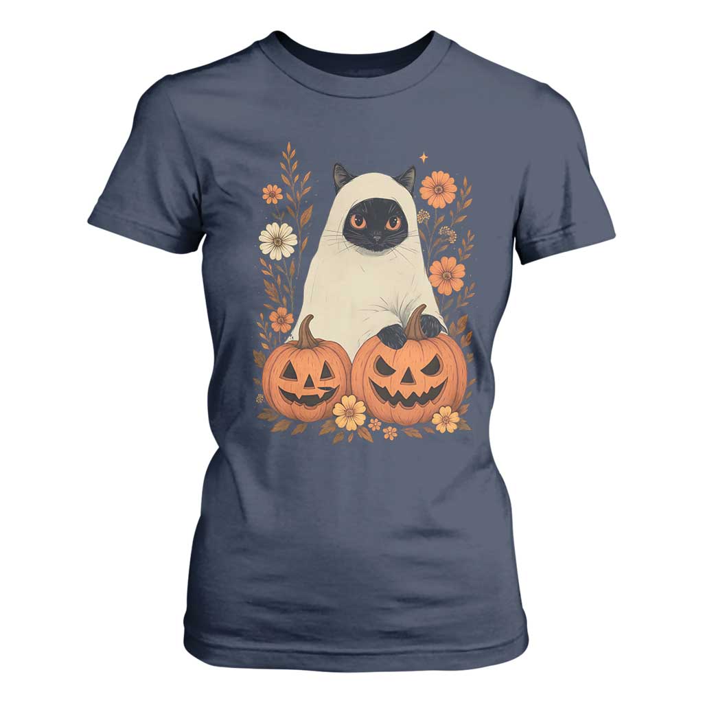 Vintage Halloween Ghost Cat T Shirt For Women Groovy Floral Cute Black Cat Ghost Fall Pumpkin TS10 Navy Print Your Wear