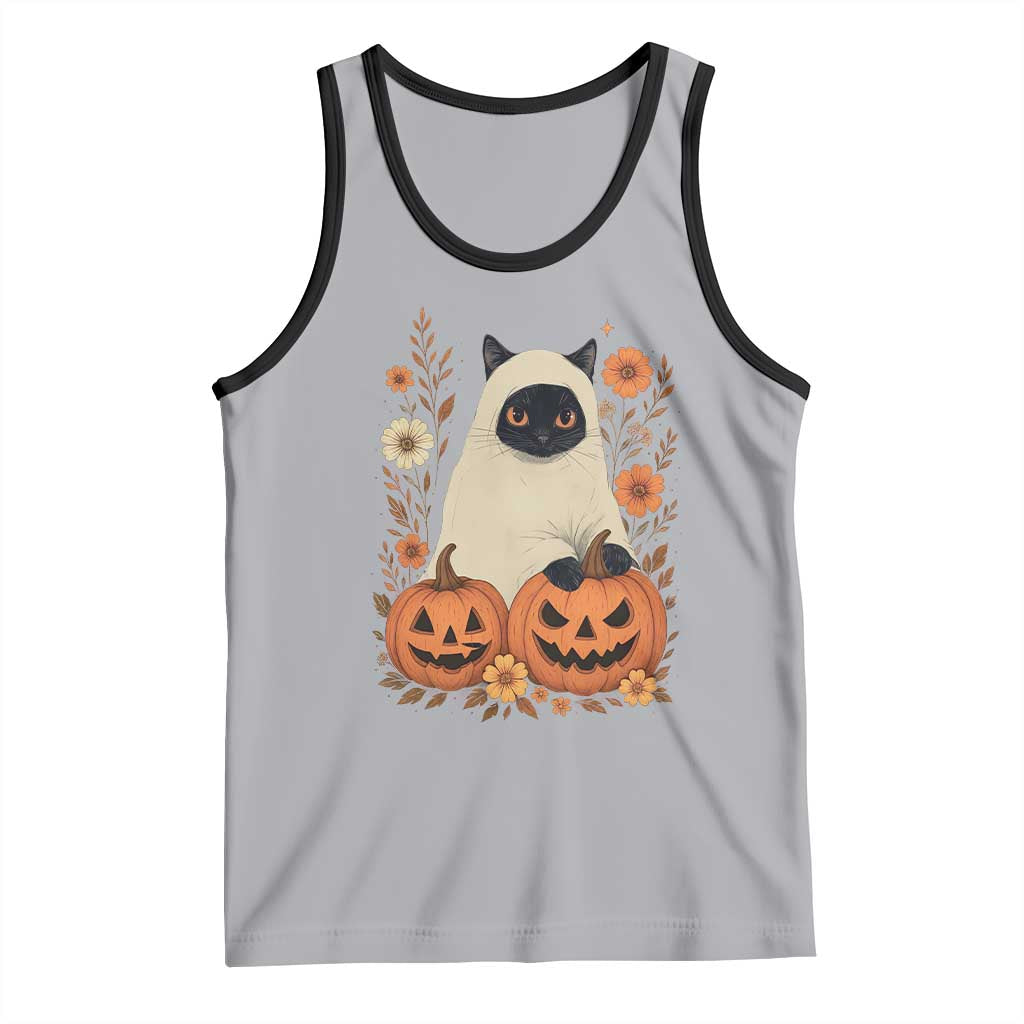 Vintage Halloween Ghost Cat Tank Top Groovy Floral Cute Black Cat Ghost Fall Pumpkin TS10 Athletic Heather Black Print Your Wear