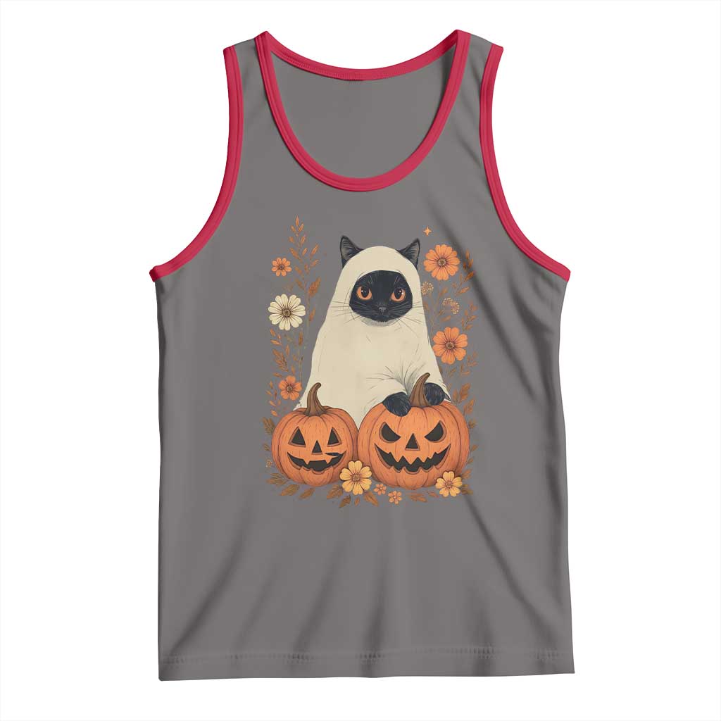 Vintage Halloween Ghost Cat Tank Top Groovy Floral Cute Black Cat Ghost Fall Pumpkin TS10 Deep Heather Red Print Your Wear