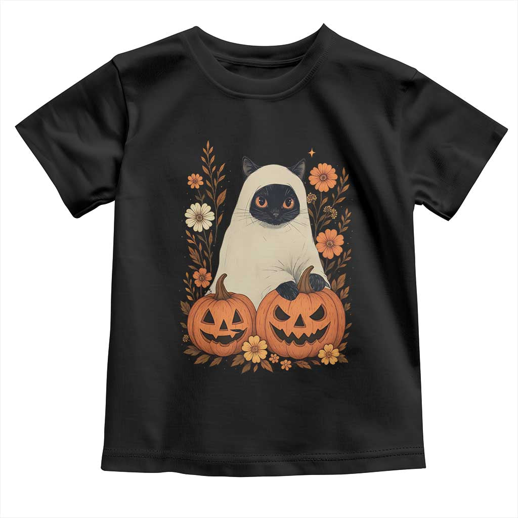 Vintage Halloween Ghost Cat Toddler T Shirt Groovy Floral Cute Black Cat Ghost Fall Pumpkin TS10 Black Print Your Wear