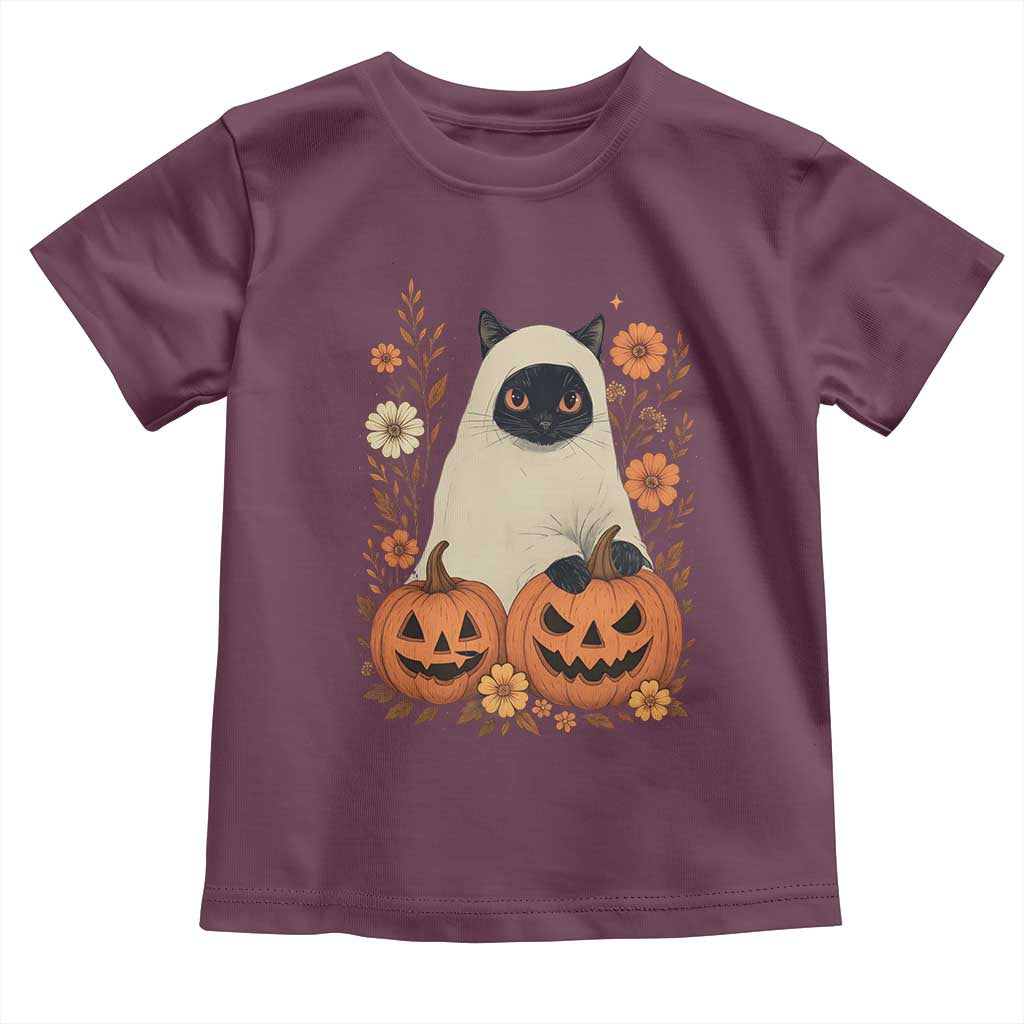 Vintage Halloween Ghost Cat Toddler T Shirt Groovy Floral Cute Black Cat Ghost Fall Pumpkin TS10 Maroon Print Your Wear