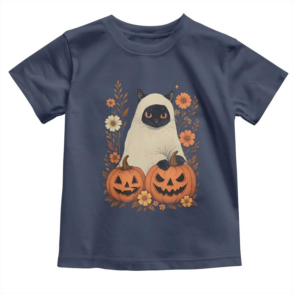 Vintage Halloween Ghost Cat Toddler T Shirt Groovy Floral Cute Black Cat Ghost Fall Pumpkin TS10 Navy Print Your Wear