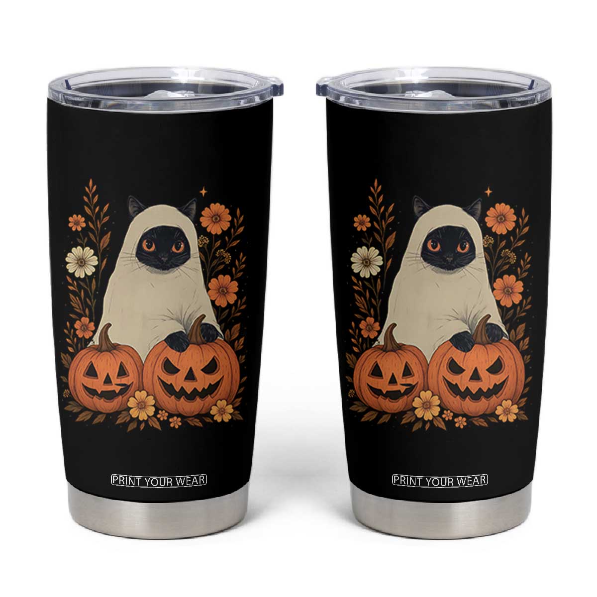 Vintage Halloween Ghost Cat Tumbler Cup Groovy Floral Cute Black Cat Ghost Fall Pumpkin TS10 Black Print Your Wear
