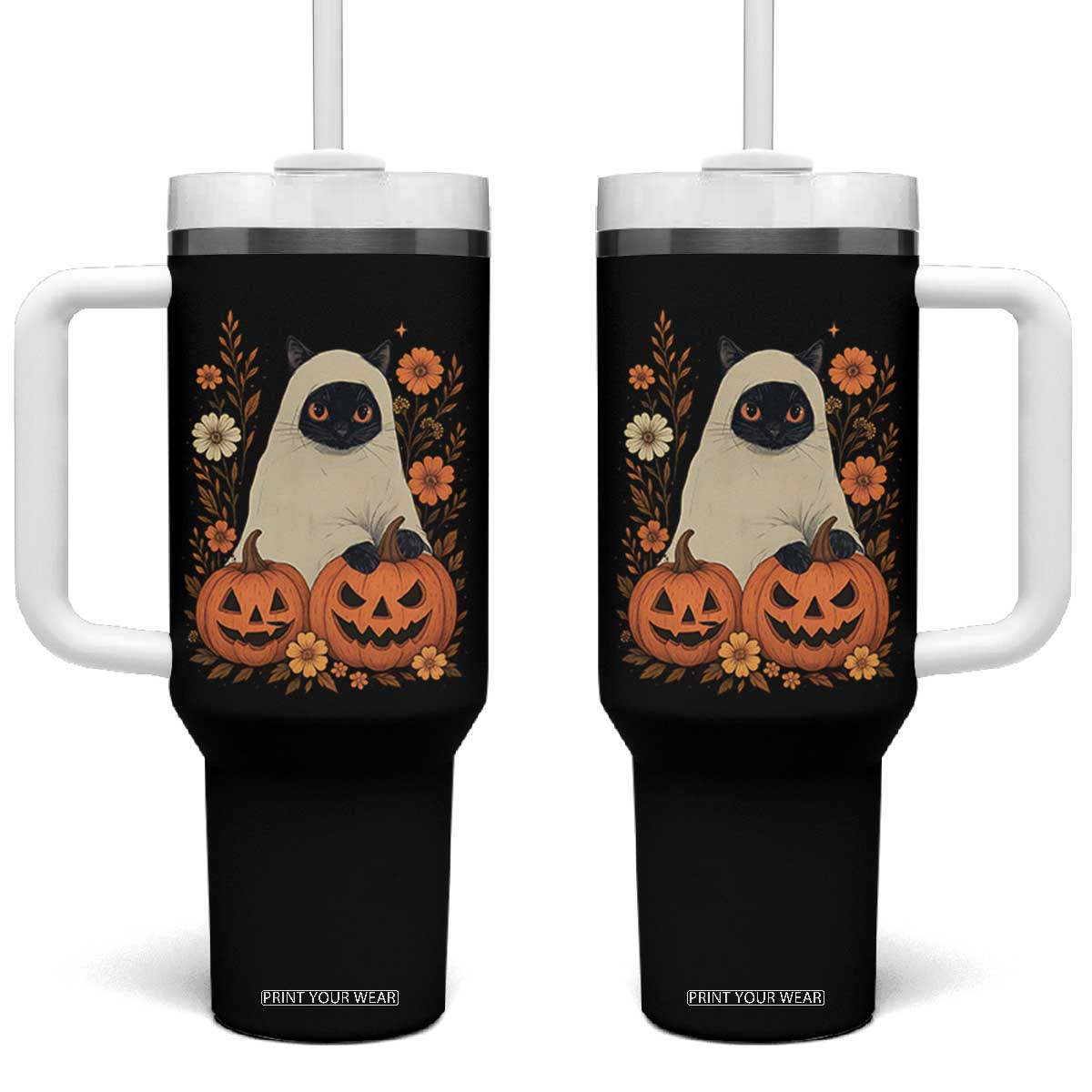 Vintage Halloween Ghost Cat Tumbler With Handle Groovy Floral Cute Black Cat Ghost Fall Pumpkin TS10 One Size: 40 oz Black Print Your Wear