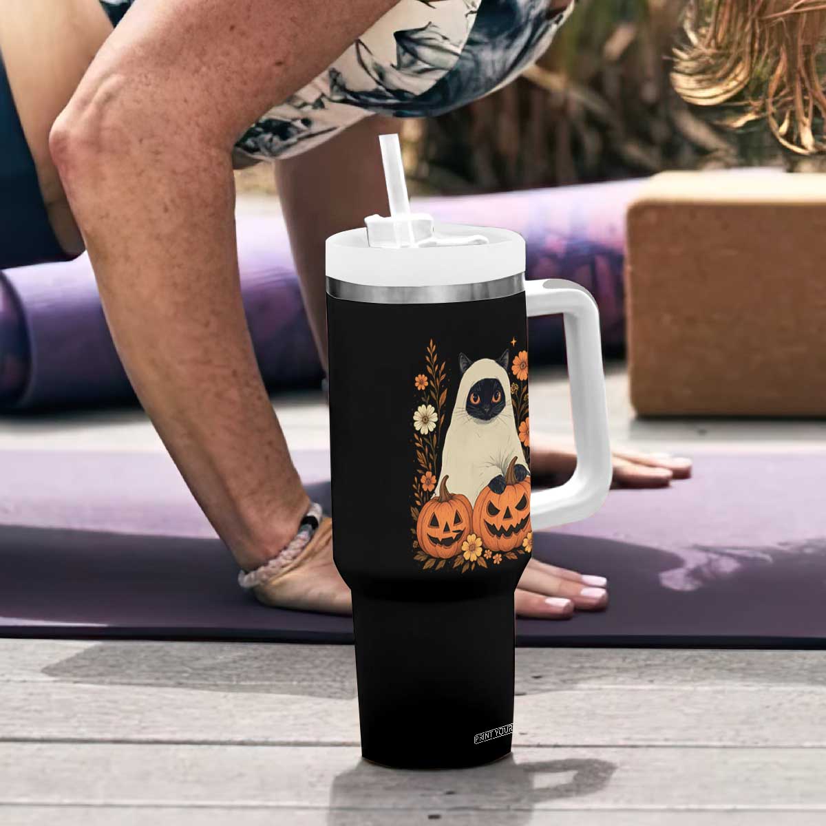 Vintage Halloween Ghost Cat Tumbler With Handle Groovy Floral Cute Black Cat Ghost Fall Pumpkin TS10 Print Your Wear
