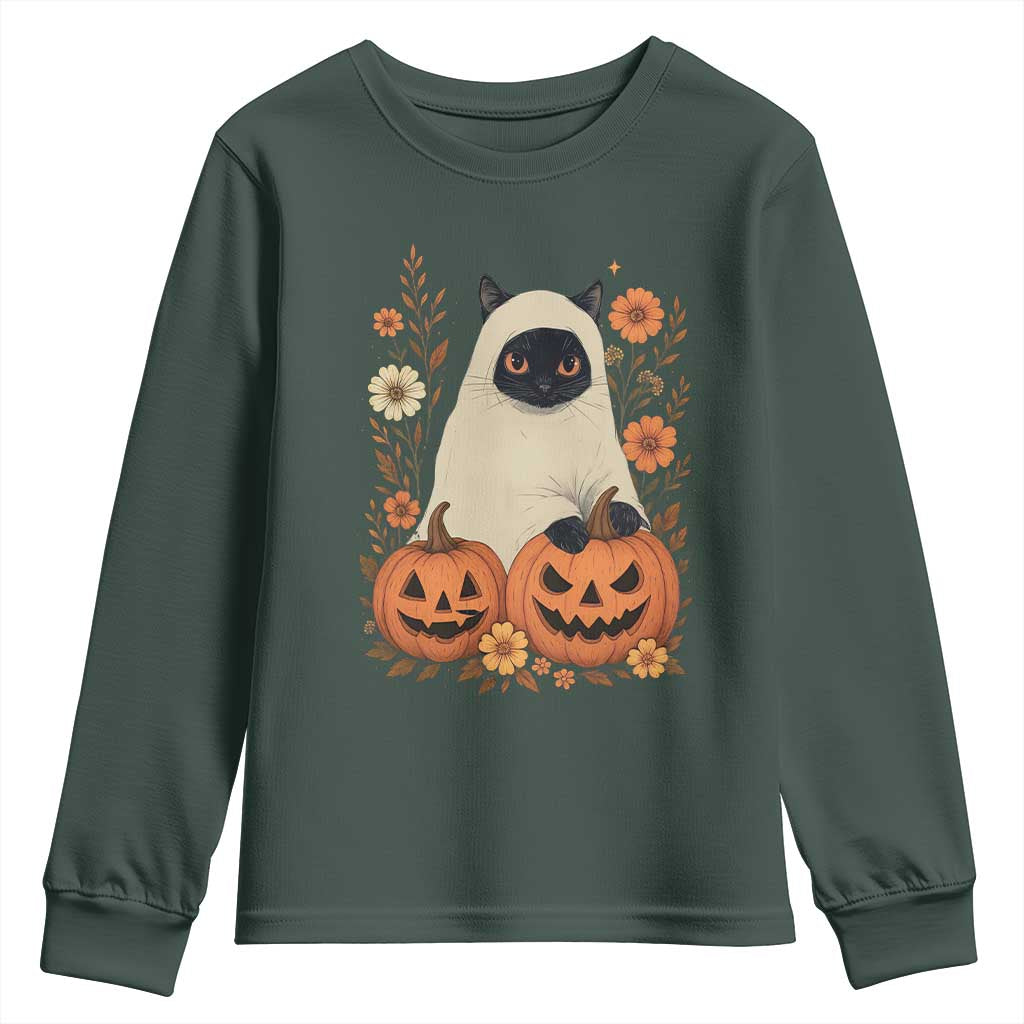 Vintage Halloween Ghost Cat Youth Sweatshirt Groovy Floral Cute Black Cat Ghost Fall Pumpkin TS10 Dark Forest Green Print Your Wear