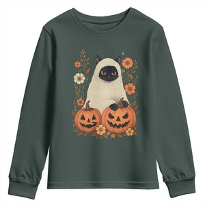 Vintage Halloween Ghost Cat Youth Sweatshirt Groovy Floral Cute Black Cat Ghost Fall Pumpkin TS10 Dark Forest Green Print Your Wear