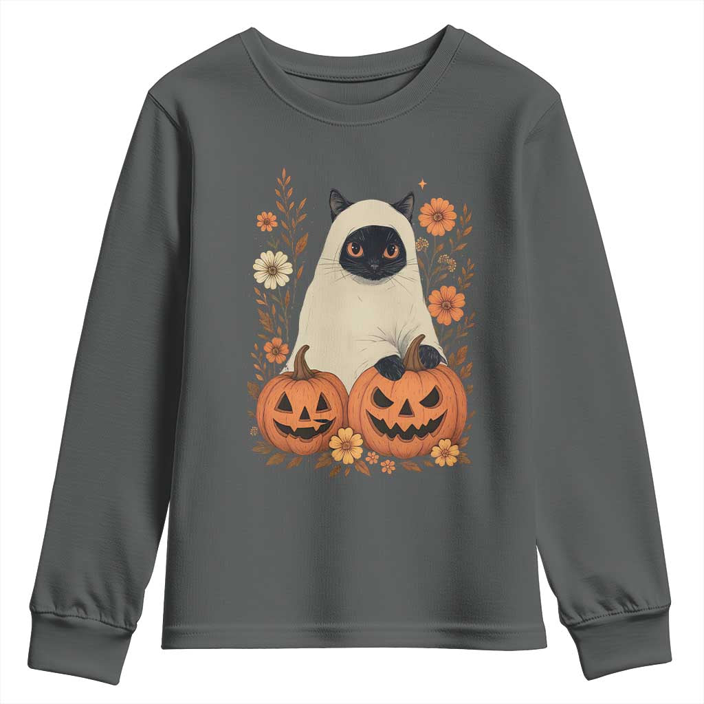 Vintage Halloween Ghost Cat Youth Sweatshirt Groovy Floral Cute Black Cat Ghost Fall Pumpkin TS10 Dark Heather Print Your Wear