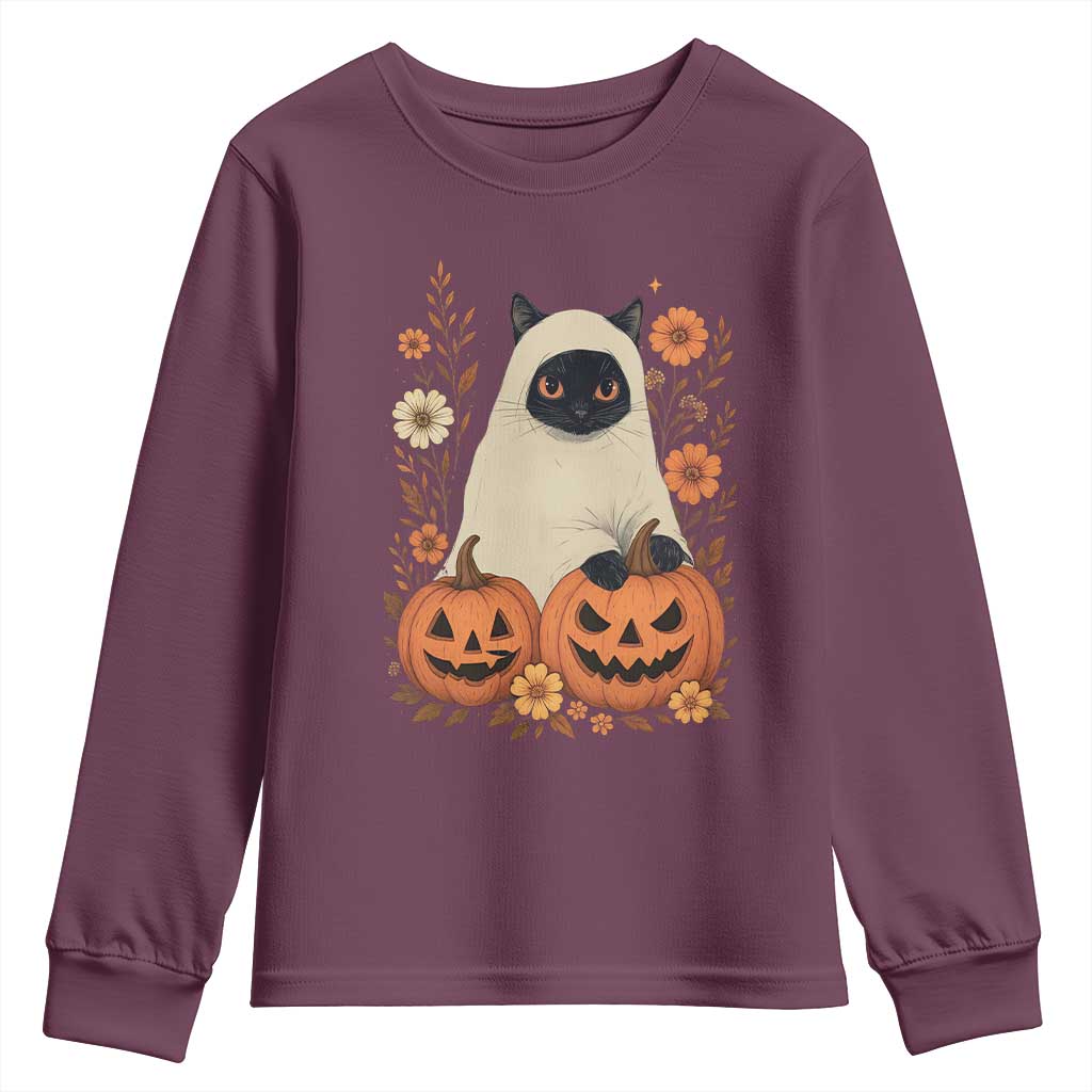 Vintage Halloween Ghost Cat Youth Sweatshirt Groovy Floral Cute Black Cat Ghost Fall Pumpkin TS10 Maroon Print Your Wear
